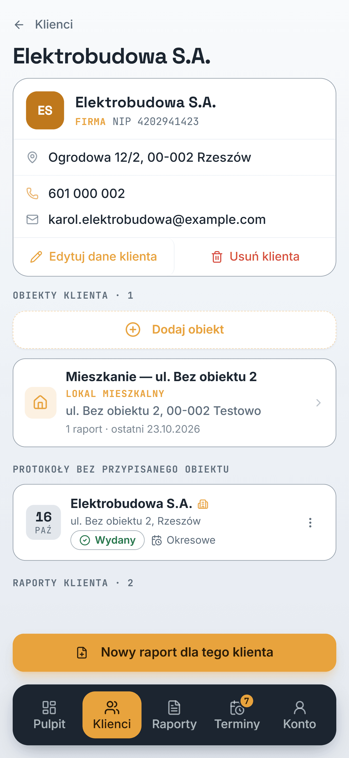 Karta klienta firmowego z adresem, telefonem, e-mailem, obiektem i raportami