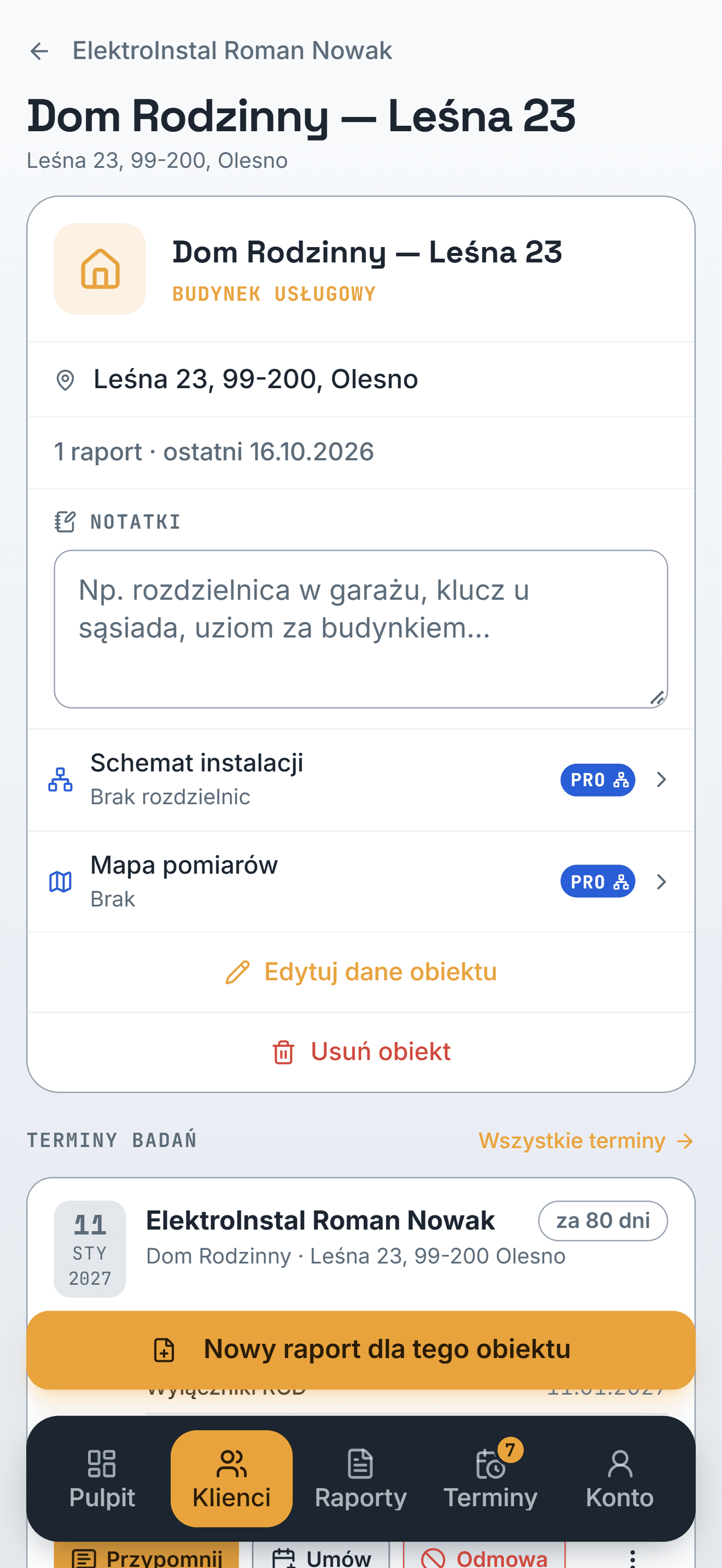 Karta obiektu z notatkami, schematem instalacji, mapą pomiarów i terminami badań