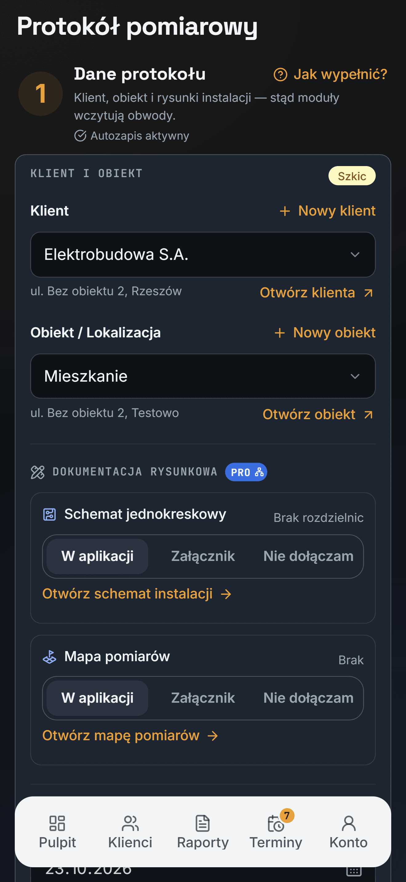 Pierwszy krok raportu: klient, obiekt i dokumentacja rysunkowa