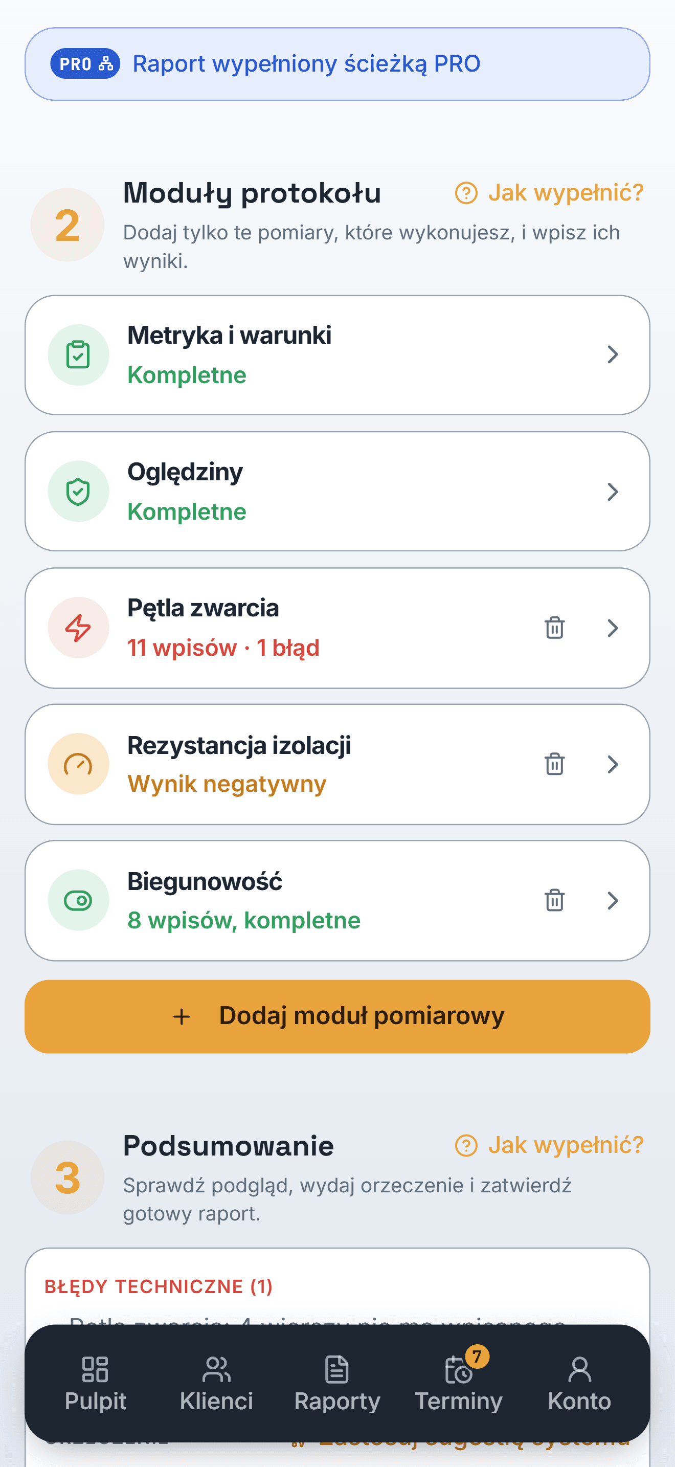 Lista modułów raportu z oceną: metryka i oględziny kompletne, w pętli zwarcia błąd, izolacja z wynikiem negatywnym