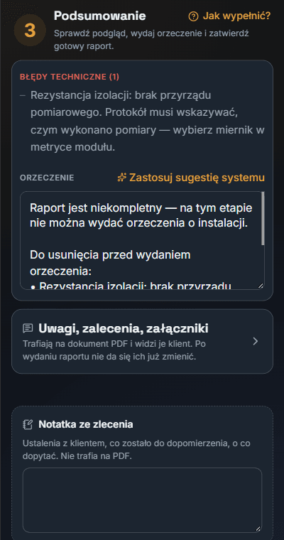 Podsumowanie raportu z listą błędów i podpowiedzią orzeczenia