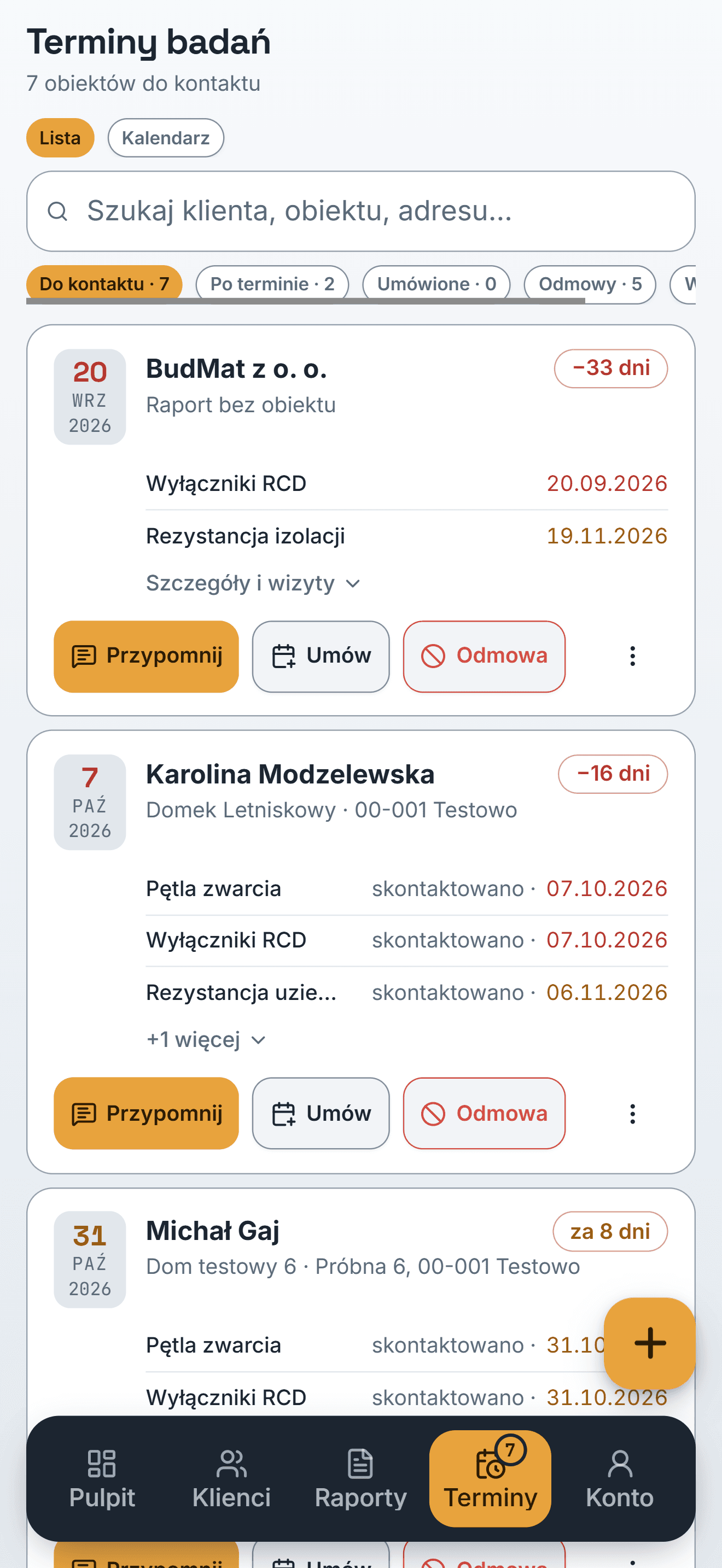 Lista terminów badań z obiektami po terminie i przyciskami Przypomnij, Umów, Odmowa